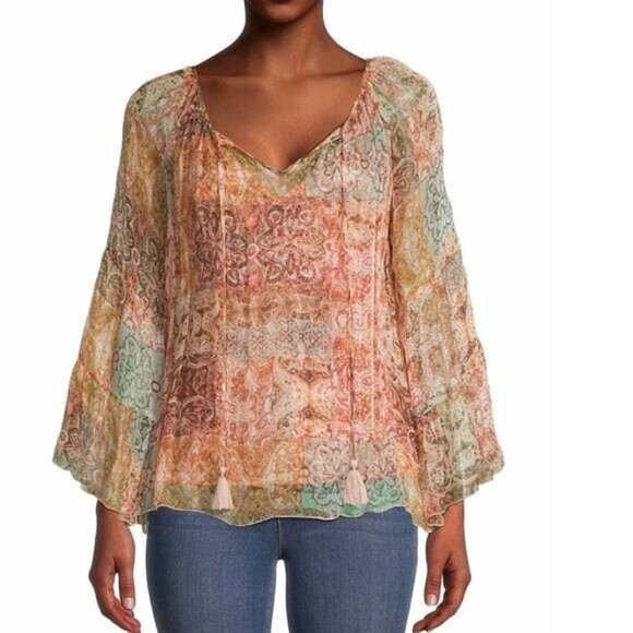 NWT $235 Johnny Was Kanarra Sheer Silk Tunic Blouse S Patchwork Floral Boho - Picture 1 of 6